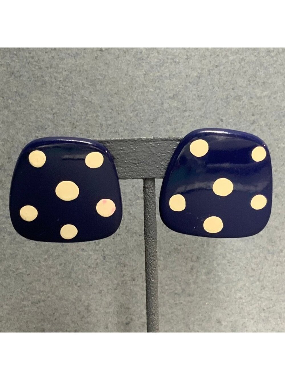 Polkadot Trapezoid Pierced Earrings 1.5 In As Is Navy Blue White Painted Retro